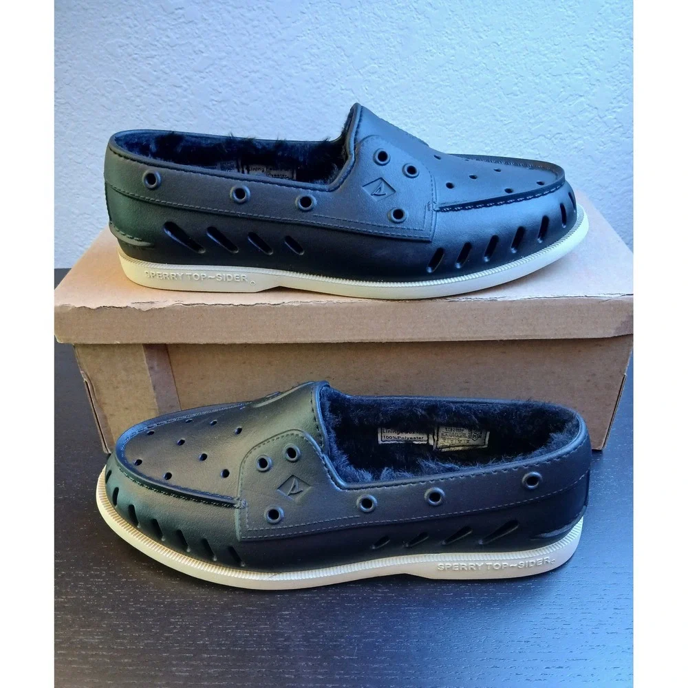 Sperry Mens Authentic Original Float Black Faux Fur Lined Boat Shoes fits mens 9